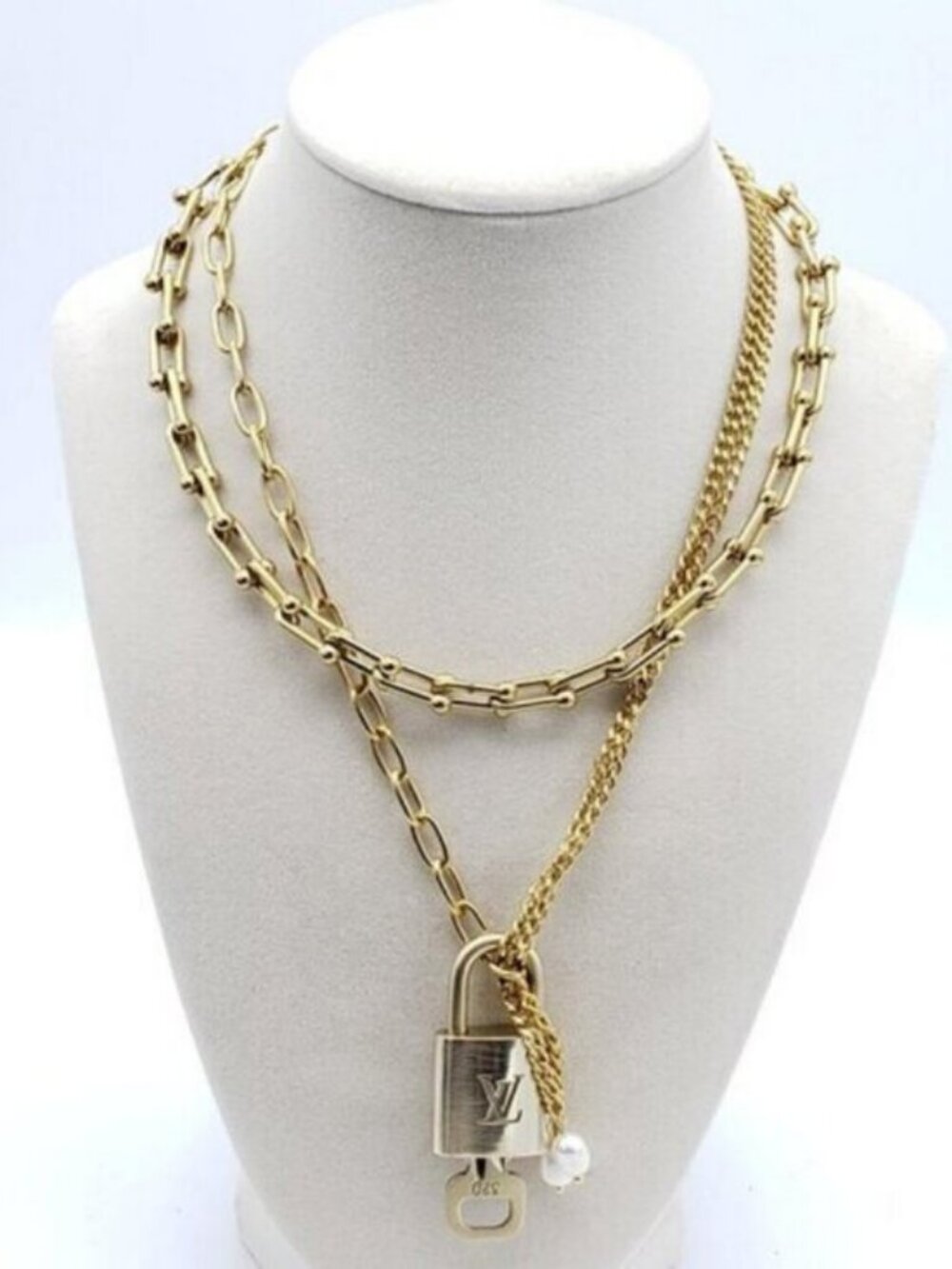 Double Chain Necklace with Authentic Louis Vuitton Padlock Pendant & Fresh Pearl - Picture 2 of 12
